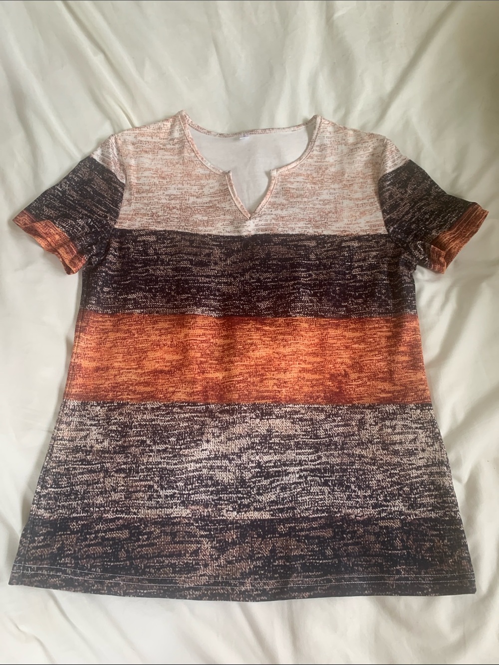 Notch-Neck Short Sleeve Stripe Tee in Rust, Charcoal & Cream